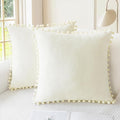 CaliTime Throw Pillow Covers Decorative 18 X 18 Inches Pack of 2 Cozy Solid Dyed Soft Chenille Cushion Cases with Pom Poms for Couch Sofa Bed Living Room Home Cream