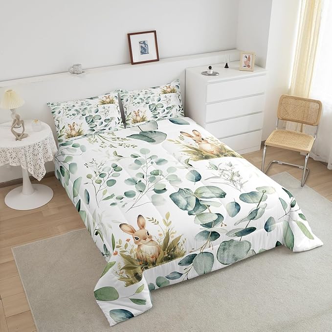 Erosebridal Girls Kawaii Animal Toddler Comforter Set Cute Rabbit Bedding Set, Cartoon Wildlife Bedding Comforter Sets Green Leaf Duvet Set, Spring Plant Quilted Comforter Child Kids Bedroom Decor
