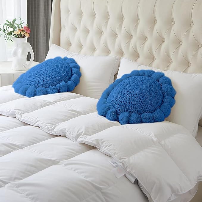 Boho Round Throw Pillow with Cute Handmade Pom Poms Tassels 18 Inch, Decorative Circular Knitted Crochet Cushion for Couch, Sofa, Chair, Bed, Blue