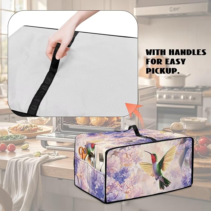 Hummingbird Hydrangea Floral Print Dust Cover for Microwave Oven Waterproof Heavy Duty Microwave Oven Cloth Cover with Storage Pockets Kitchen Appliance Protector, S