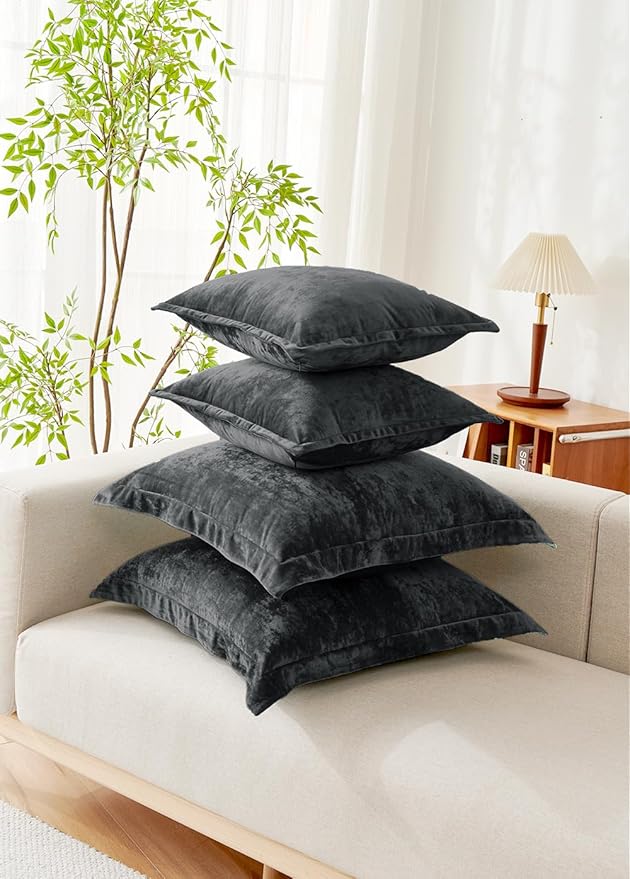 Luxurious Velvet Throw Pillow Covers 20x20 Set of 2 Decorative Pillow Covers Solid Square Cushion Case for Sofa Couch Bedroom Farmhouse, Black