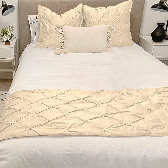 Bed Runner Set - 100% Pure Cotton 800 Thread Count - Luxury 1 Pinch Pleated Bed Runner and 2 Pillow Cover - 3 Piece Pinch Pleated Bed Runner Set Queen, Ivory