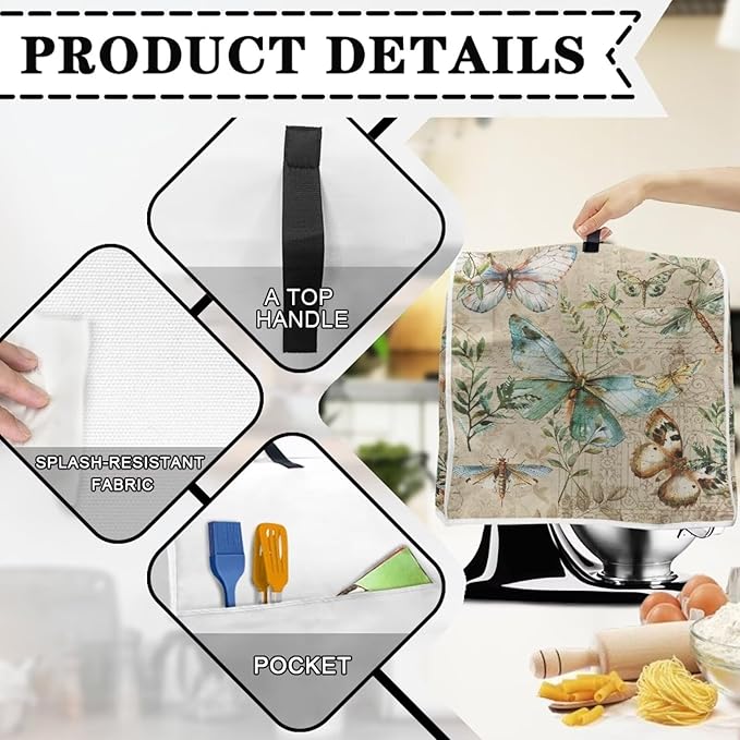 Butterfly Mixer Covers for Stand Mixers 4.5-5 Quart Vintage Stand Mixer Cover for Small Kitchen Appliance Food Processor Cover with Top Handle and Accessories Pocket Farmhouse Home Decor