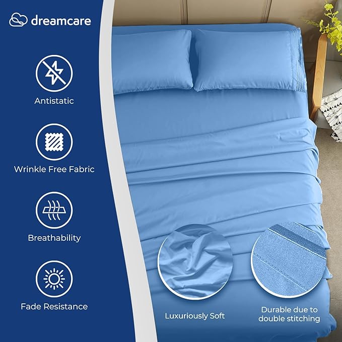 DREAMCARE King Size Sheets Set – 4 pcs Cooling Sheets – up to 21” Deep Pocket King Sheet Set – Hotel Luxury Sheets & Pillowcases – Superior Softness 100% Fine Microfiber with Side Pocket – Light Blue