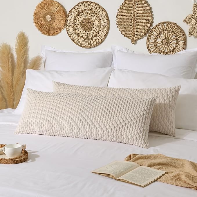 Kevin Textile 20x54 Inch Long Body Lumbar 1 Pack Boho Decorative Throw Pillow Cover Soft Striped Corduroy Rectangle Cushion Case Farmhouse Accent for Living Room Couch Sofa Bed, Cream White