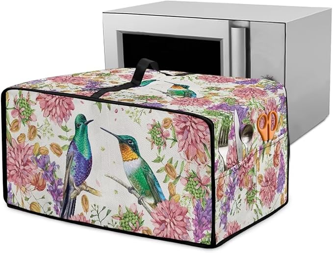 Watercolor Flower Hummingbird Print Microwave Oven Cover Dust-Proof Microwave Toaster Oven Cover Waterproof Foldable Kitchen Appliance Protector Suitable for Most Microwave Ovens, M