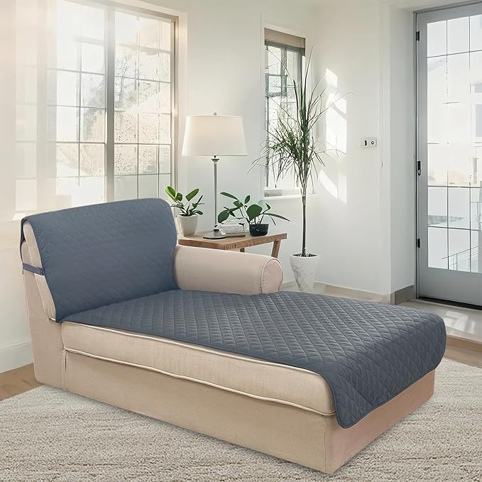 U-NICE HOME Sectional Couch Cover for Dogs Chaise Lounge Reversible Sofa Cover Furniture Protector Cover for Pets with Elastic Adjustable Strap (Chaise Lounge, Dark Blue/Light gre)