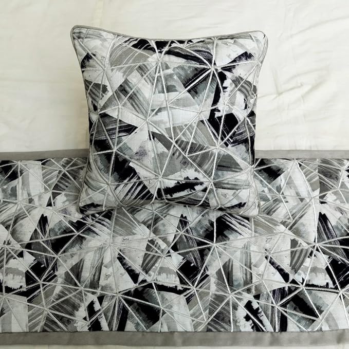 The HomeCentric King/Queen/Twin Grey Decorative CA King 86"x18" Bed Runner with Pillow Cover, Print & Embroidery Bed Scarf on Cotton Fabric - Grey Angular