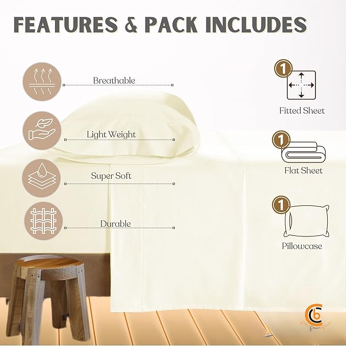 Camping Cot Sheets 25" x 75" - 3 Piece Cot Sheet Set for Bunk Bed - fits Upto 9" Deep Mattress, Perfect for Narrow Twin, Camping Cot, RV Bunk, Guest Beds, Trifold Mattress - Ivory