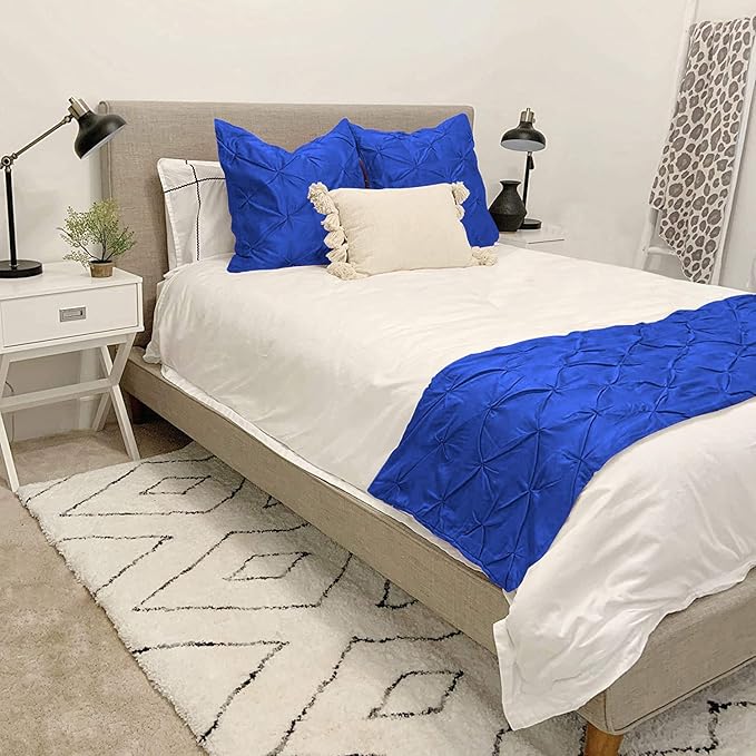 Bed Runner Set - 100% Pure Cotton 800 Thread Count - Luxury 1 Pinch Pleated Bed Runner and 2 Pillow Cover - 3 Piece Pinch Pleated Bed Runner Set Queen, Royal Blue