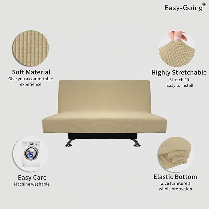 Easy-Going Stretch Futon Slipcover Armless Futon Bed Cover Furniture Protector Without Armrests with Elastic Bottom for Kids, Soft Jacquard Fabric Small Checks (Medium, Beige)