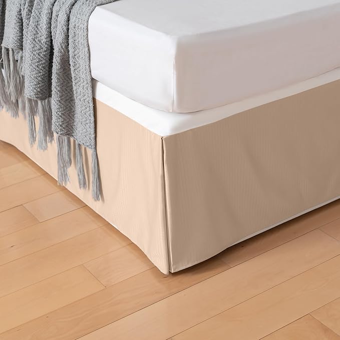 King Bed Skirt, Grid Plaid Soft Quadruple Pleated Ruffle Bed Skirt, Tailored Dust Ruffle 14 Inch Drop Easy Fit, Machine Washable (Beige)