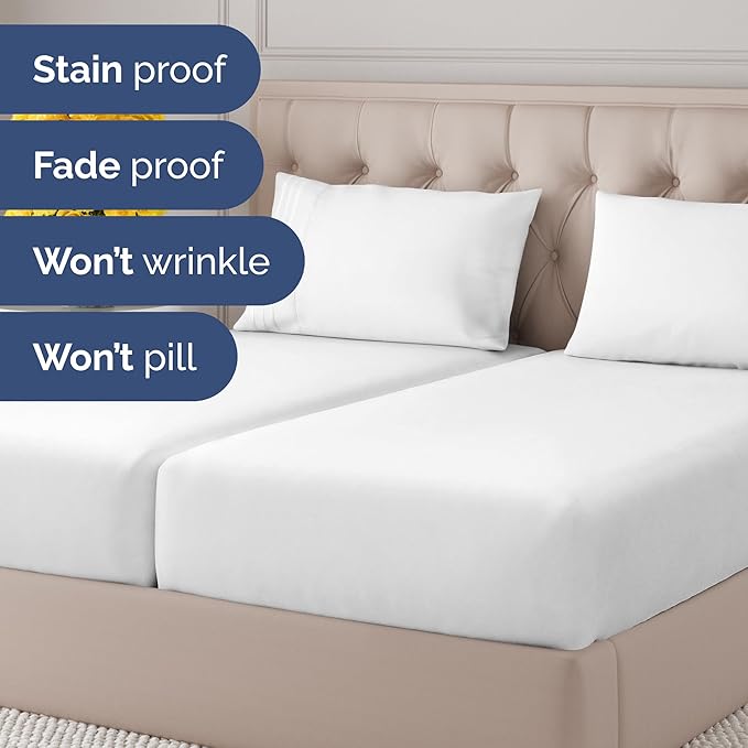 Split Queen Sheets - Easy-Fit, Wrinkle-Resistant, Designed for Split Queen Mattress – Split Queen Sheets Sets Fits 14" to 16" Deep Pockets – Premium Extra Soft, Queen Split Fitted Sheet Set – White