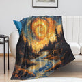 Magic Forest Blanket, Abstract Art Oil Painting Dreamworld River Jungle Sunset Pattern Soft Warm Cozy Plush Flannel Covers for Livingroom Bedroom Couch Chair Camping Travel Home Decor Tapestry 50x60in