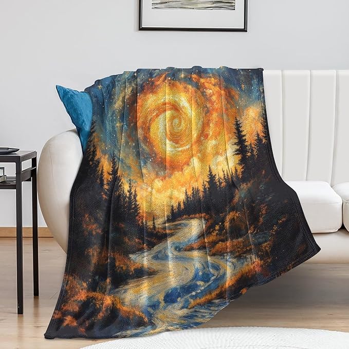 Magic Forest Blanket, Abstract Art Oil Painting Dreamworld River Jungle Sunset Pattern Soft Warm Cozy Plush Flannel Covers for Livingroom Bedroom Couch Chair Camping Travel Home Decor Tapestry 60x80in