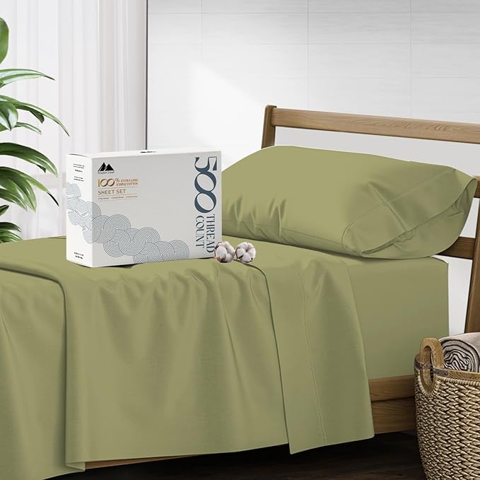 Mayfair Linen 500 Thread Count Twin Cotton Sheets - 3 PC Twin Size Bed Sheet Set Cotton (Sage Green), Soft, Cooling, Sateen Hotel-Quality 16" Deep Pocket Bedsheet for Hot Sleepers (Fits 18" Mattress)