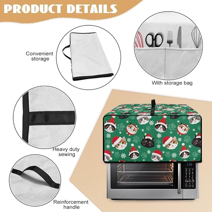Christmas Decorations Countertop Convection Oven Cover Dust-Proof Toaster Oven Cover with Pockets, Countertop Convection Oven Protector, L, Christmas Hat Cat Paw Snowflake Green