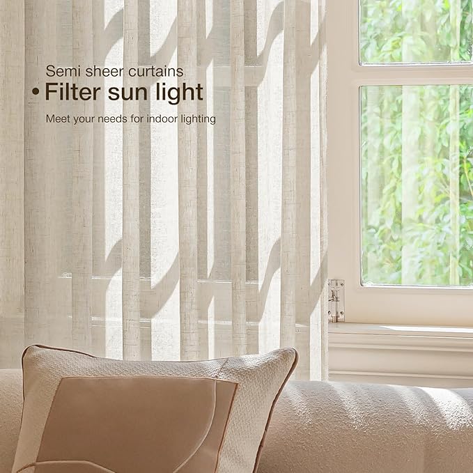 Anmao Natural Linen Curtains for Living Room 54 Inch Length 2 Panels Set, Light Filtering Semi Sheer Window Curtain Drapes for Bedroom with Curtain Rings and Clips, 52 Inch Wide Each Panel, Linen