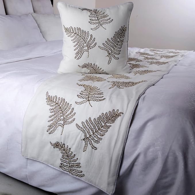 The HomeCentric White Bed Runner Without Pillow Cover, King Size 90"x18" Decorative Bed Runner, White Linen Bed Scarf in Fern Embroidery & Pearl - Fern Blossom