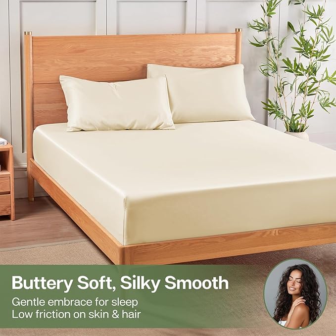 MR&HM King Fitted Sheet Only, Ultra-Soft Rayon Derived from Bamboo & Polyester Blend, Silky & Breathable, 15" Deep Pocket with Elastic Straps, Cooling Fitted Sheet for Hot Sleepers, Cream
