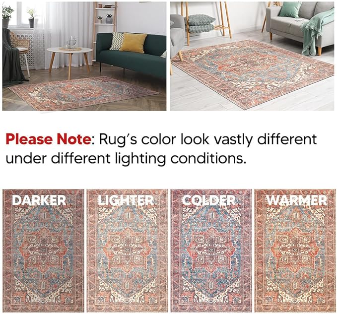 Keen Home Design 6x9 Rug - Machine Washable Area Rug with Non-Slip Backing, Ideal for Living Room, Dining Room, Bedroom - Vintage, Easy Clean, Durable, Low Pile Rug - (6' x 9')