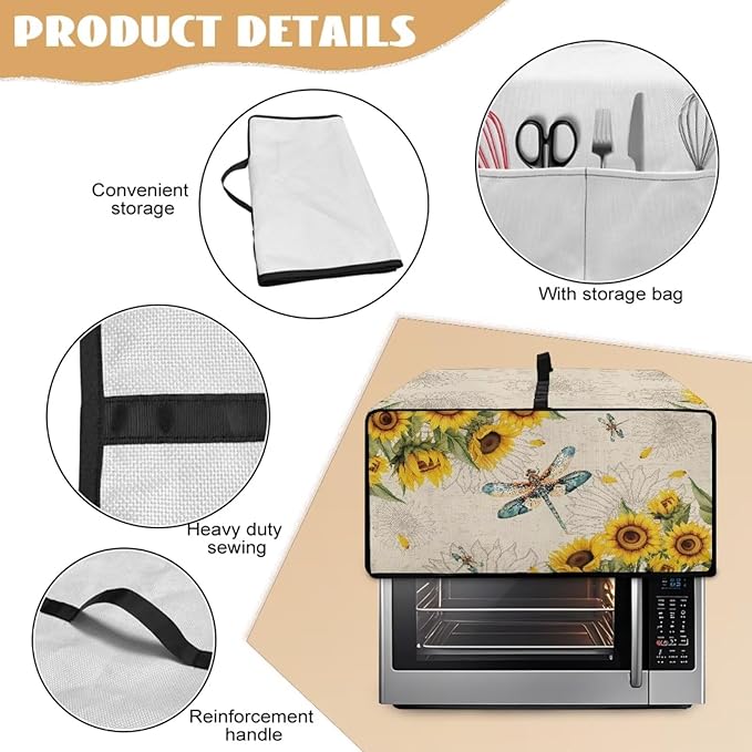 Dragonfly Sunflower Print Microwave Oven Cover Dust-Proof Microwave Toaster Oven Cover with Storage Bags Universal Washable Decor Accessories for Kitchen, S