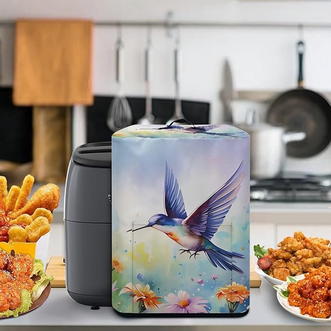 Air Fryer Cover - Stain Resistant, Washable Protective Cover with Front Pocket and Top Handle, Hummingbird Daisy Blue