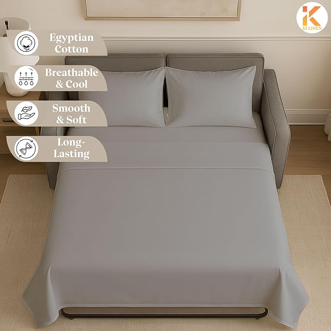 Sleeper Sofa Bed Sheet Set - Full Size 4 PC's Sheet Set Sofa Bed Sheets - 100% Cotton 400 Thread Count Sofa Sheets - Sleeper Sofa Sheets - Fits Mattresses Up to 6" Drop - Light Grey