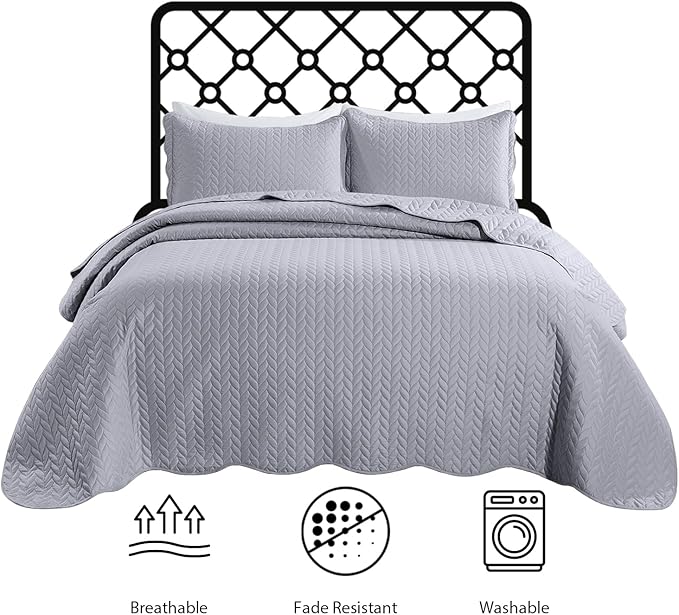 IR Imperial Rooms California King Quilt Bedding Set Size (118"x106") + 2 Pillow Shams (20" x 36"+ 2") - 3 Pcs All Season Reversible Microfiber Coverlet Embossed Quilt Bedspread (Silver)