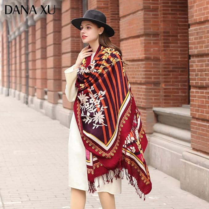 DANA XU 100% Merino Wool Pashmina Shawl for Women 96"x43", Oversized Cashmere Wrap with Tassels, Floral Travel Blanket Cape