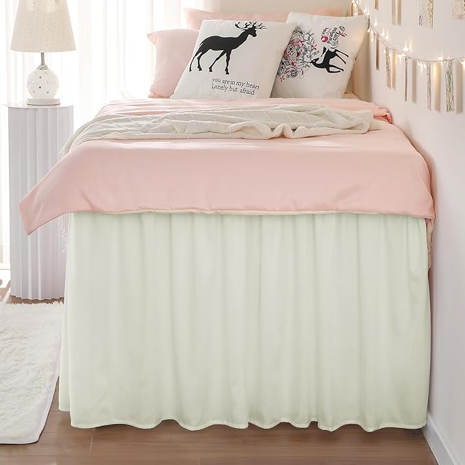 RIMELA Dorm Bed Skirt Twin XL 46 Inch Drop, Easy to Install Extra Long Wrap Around Elastic Dust Ruffle, Cream Bedskirt Solid Silky Fabric (Twin XL 80“L x 39”W & Twin 75“L x 39”W)