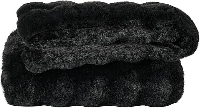 Lotus Karen Faux Fur Throw Blanket Black - Big Bubble Rabbit Fluff Blanket for Couch, Small Fluffy Fuzzy Cozy Blanket, Thick Furry Plush Shaggy Blankets, 50x60 Inches