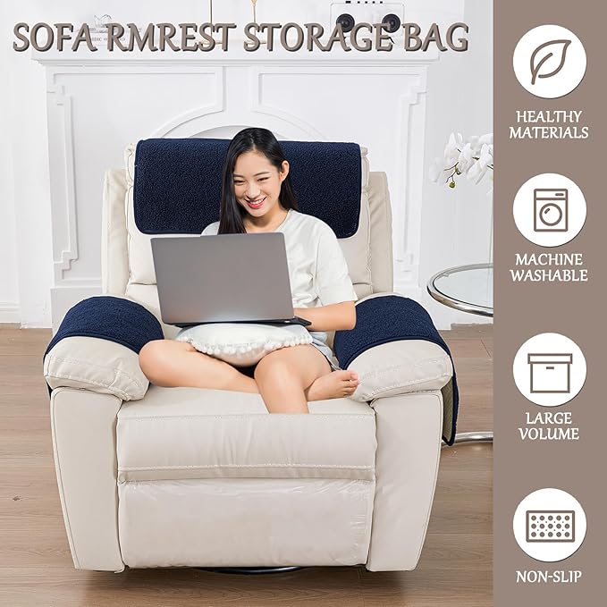 Armrest Cover, Recliner Chair Protector, Furniture Protector Slip, Side Storage Pocket, Stretch Armchair Couch Arm Rest Cover for Recliner, Chair, Sofa (Navy Blue,2 Seater(4pcs))