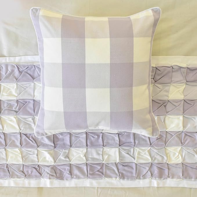 The HomeCentric King/Queen/Twin Lavender Decorative Bed Runner Twin 53"x18" Bed Runner with One Pillow Cover, Checkered, Buffalo Plaid, Check Bed Scarf on Cotton Fabric - Lavender Plaid Knots