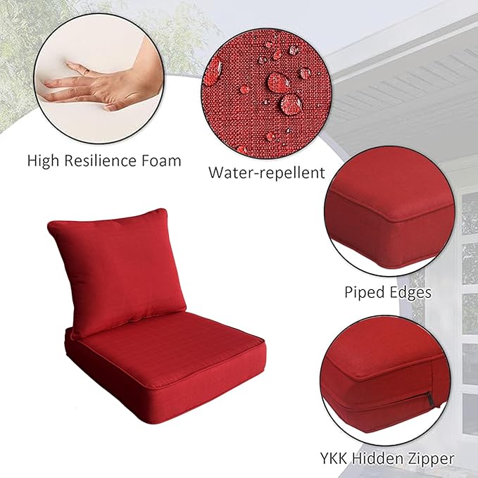 COZYVIDA Outdoor/Indoor 22x24 inch Deep Seat Patio Cushions Set of 2 Resilient Foam Filling Water Repellent Stain-Resistant UV Resistant Weather Resistant Patio Cushions Red