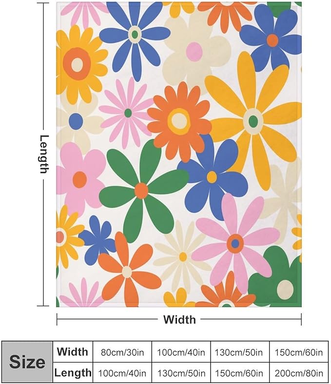 70s Retro Flower Throw Blanket, 60s Vintage Groovy Daisy Flowers Boho Hippie Bright Colorful Floral Print Blanket for Couch Chair Sofa Bed Dorm Bedroom Home 40"x50"
