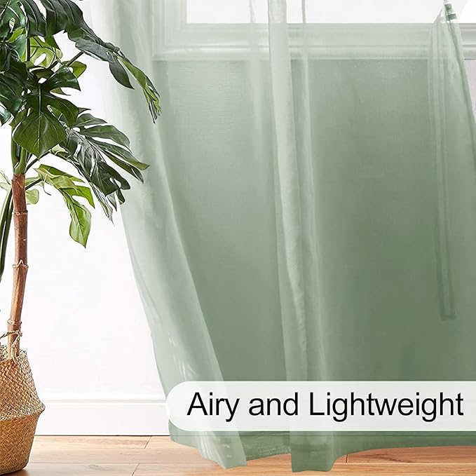 XWZO Semi Transparent Sheer Curtains 95 Inches Long for Bedroom, Soft & Lightweight, Light Filtering Grommet Window Curtains for Living Room, Bean Green, 52 x 95 Inches Long, Set of 2 Panels