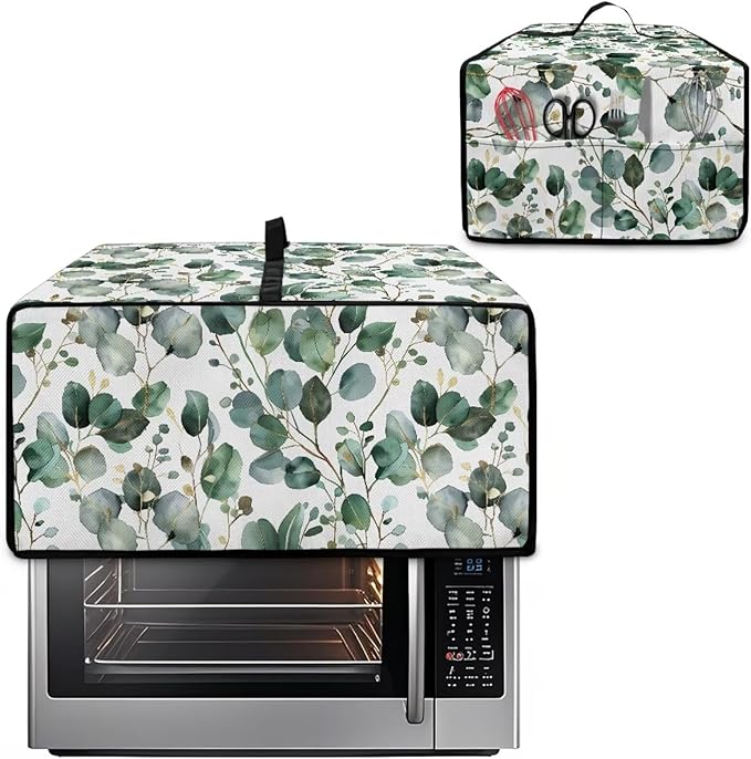Toaster Oven Cover with Side Pockets, Dustproof Smart Microwave Convection Oven Cover with Handle, for Kitchen Decor, L, 18.5 x 22.5 x 13 Inches, Eucalyptus Leaves Green White