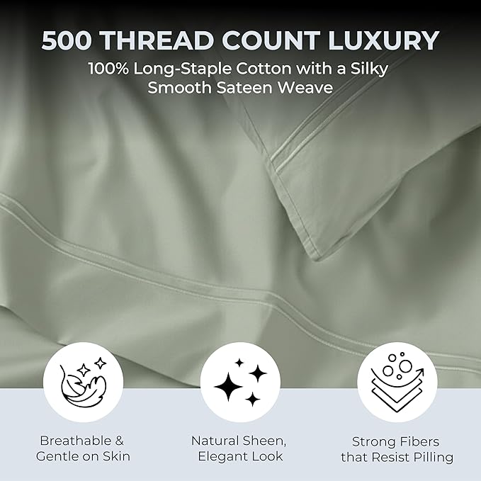 100% Natural Cotton Bed Sheets | 500 TC Single-Ply Sateen Weave Twin Sheets Set | Soft, Breathable, Hypoallergenic Solid 3-Piece Bedding with Deep Pocket Fitted, Flat, Pillowcase | Sage