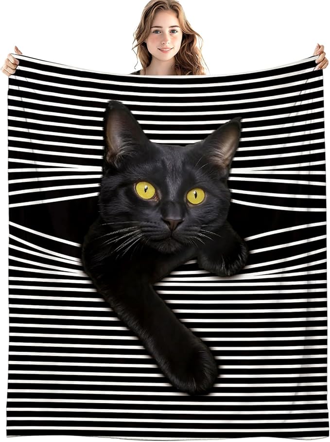 Funny Black Cat Blanket, Funny Cats Black and White Striped Throw Blankets for Home Bedroom Living Room Couch Bed Decor, Black Cat Mom Lovers Gifts for Women, 50x60 Inch