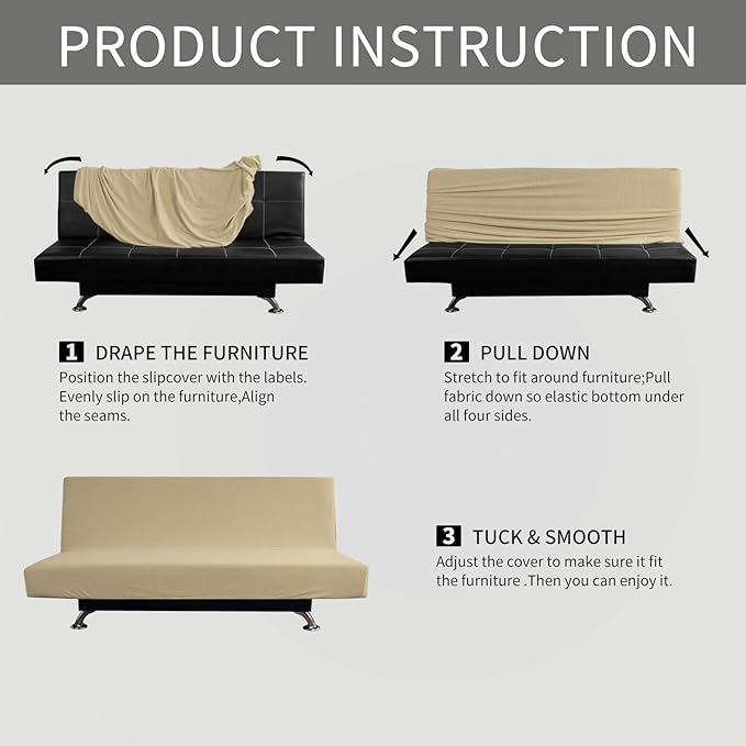 Easy-Going Stretch Futon Slipcover Armless Futon Bed Cover Furniture Protector Without Armrests with Elastic Bottom for Kids, Soft Jacquard Fabric Small Checks (Medium, Beige)