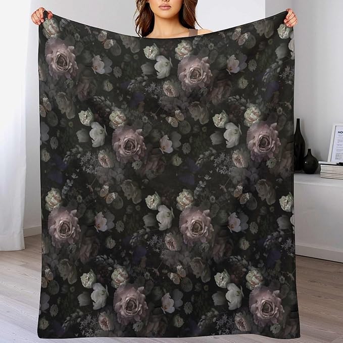Vintage Gothic Floral Blanket, Black Pink Flower Rose Black Garden Roses Blooming Boho Throw Blankets for Home Bedding Couch Decor, 40"x50"
