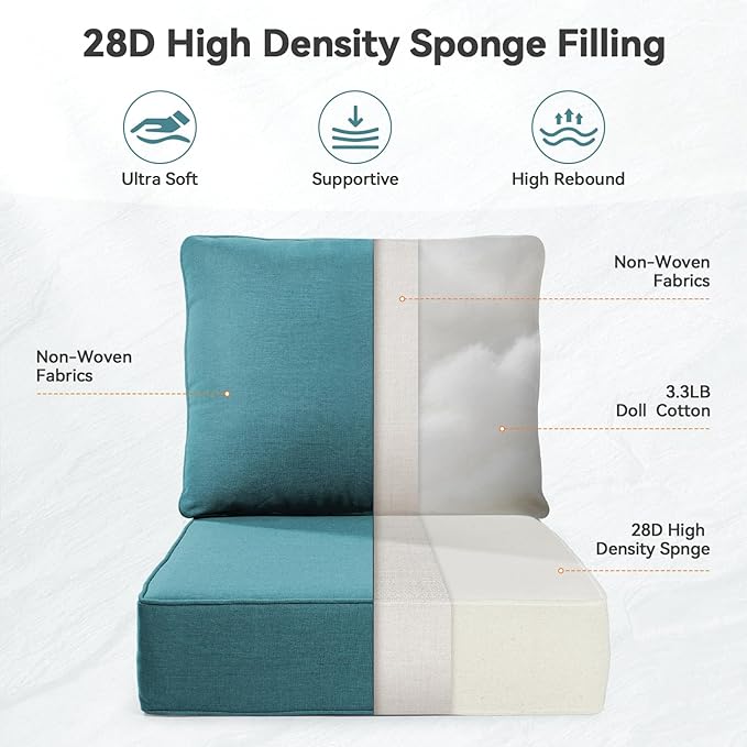 Luxury 6" Outdoor Cushions for Patio Furniture, 24x24x6" Thick Seat Cushion Set of 6, Fade Resistant Couch Chair Replacement Cushions High Density Deep Wicker Chair Cushion w/ Removable Cover, Green