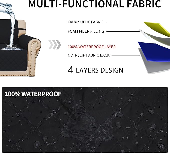Easy-Going Waterproof Oversized Loveseat Covers Leakproof Couch Cover for 2 Cushion Couch Sofa Cover Washable Sofa Slipcover Non-Slip Furniture Protector with Pocket for Pets (Medium-XL, Black)