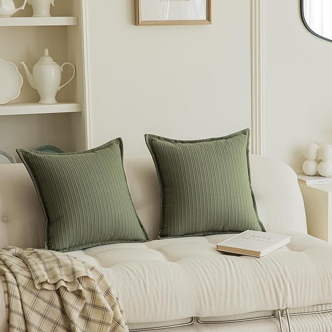 Set of 2 Cozy Striped Herringbone Flange Throw Pillow Covers, Aesthetic Embossed Pattern Pillow Covers for Couch and Bed - 20"x20", Sage Green