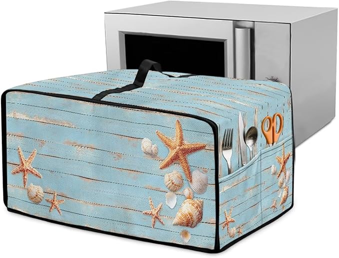 Dustproof Microwave Oven Cover Polyester-Linen Fabric Dust Cover for Microwave Oven Foldable Kitchen Machine Covers with Storage Pockets, Starfish Seashell Wood Grain Print, M