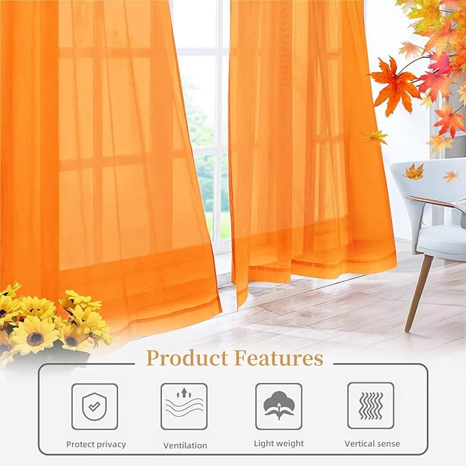 Sheer Curtains 54 Inches Long 2 Panels, Rod Pocket Short Curtain for Kitchen, Bedroom, Cafe Window(Orange 38" W x 54" L)