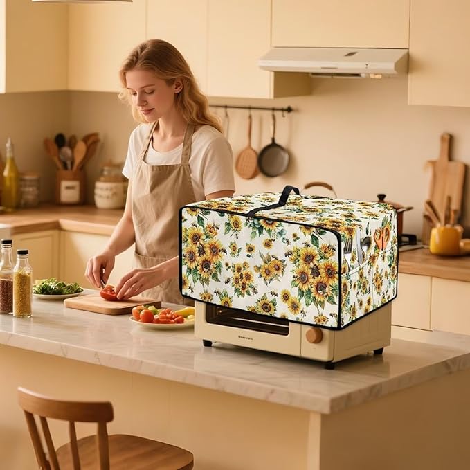 Sunflower Bee Print Toaster Oven Cover Dust-Proof Microwave Oven Cloth Cover with Storage Pockets Foldable Kitchen Machine Covers Case Protections Protector, M