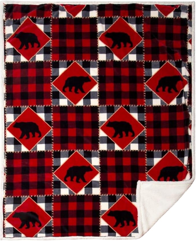 CARSTENS, INC. Ultra Premium Super Soft Plush Sherpa Fleece Oversized Throw Blanket 54" x 68", Lumberjack Bear Red Plaid