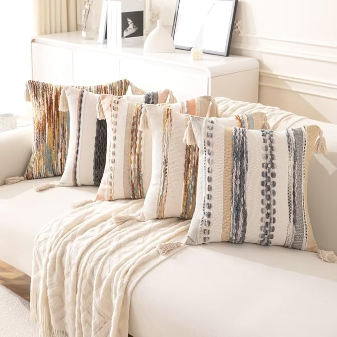 Boho Throw Pillow Covers 18x18 Set of 2 Woven Tufted Farmhouse Pillows Cover with Tassels Textured Striped Cushion Case Neutral Pillow Cases Decorative Pillowcase for Sofa Couch Bed,Grey
